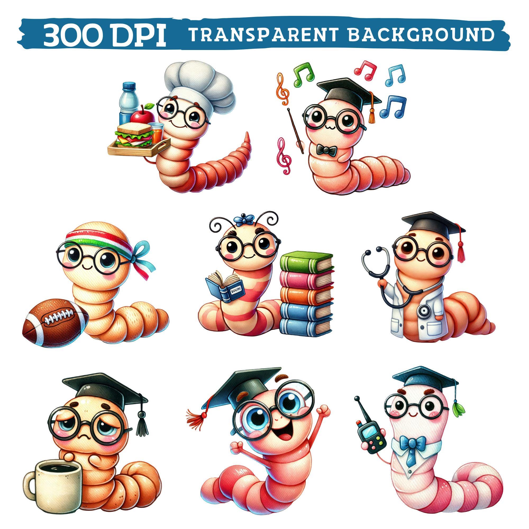 Schoolworm Back to School Worm Clipart, Watercolor Cute Classroom Nursery Decor ...