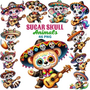 Imágenes prediseñadas de animales con calaveras de azúcar, lindo Día de los Muertos, lindo animal del bosque mexicano, sombrero, mexicano festivo, Día de los Muertos para niños Png