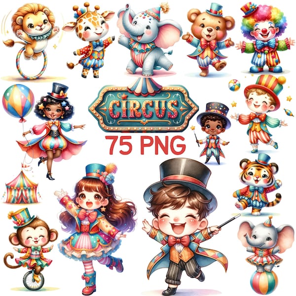 Watercolor Cute Circus Clipart, Circus Ringmaster Animals Nursery Elephant, Tiger, Lion, Monkey Tent Carnival Bear Birthday Baby Shower Png