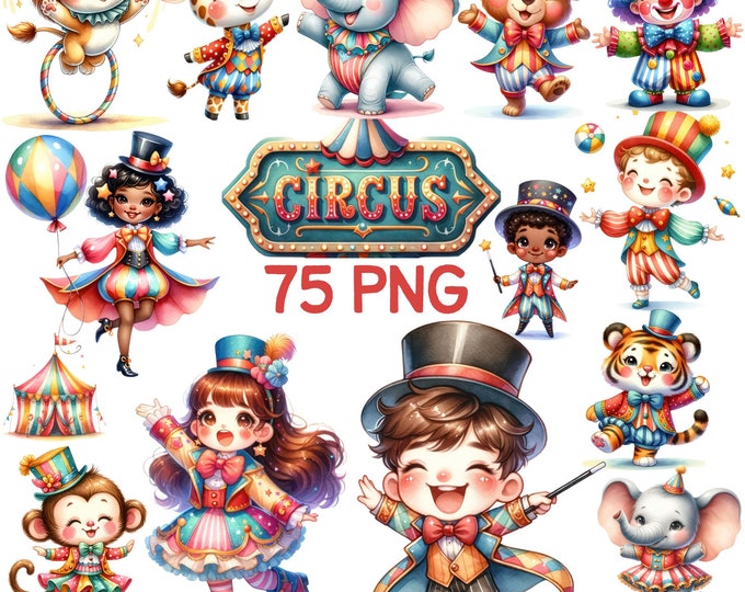 Cute Circus Clipart Vintage Circus Animal PNG Bundle Set Watercolor ...