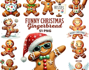 Funny Christmas Gingerbread Clipart, Watercolor Cute Holiday Nursery Decor, Winter Xmas Cookie, Festive Gingerbread Png