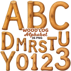 May include: A collection of wooden alphabet letters and numbers, including A, B, C, D, M, R, S, T, U, Y, 0, 1, 2, and 3. The letters and numbers are made to look like logs. The text "WOOD LOG Alphabet 36 PNG" is also present.