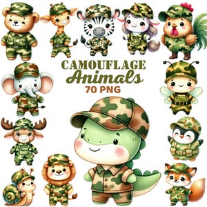 Op de afbeelding: Een set van 12 cartoondieren die camouflagekleding dragen. De dieren zijn een beer, giraffe, zebra, eenhoorn, haan, bij, eland, pinguïn, leeuw, slak, vos en een dinosaurus. De dieren dragen allemaal groene, bruine en beige camouflagekleding. De tekst "CAMOUFLAGE ANIMALS 70 PNG" staat in het midden van de afbeelding.