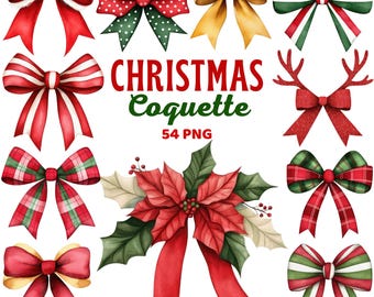 Christmas Coquette Bow Clipart, Watercolor Festive Holiday Bows, Christmas Plaid Coquette,  Winter Xmas Bow Png