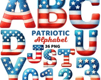 Patriotic Alphabet Clipart, 4th of July Letters and Numbers, Stars and Stripes USA, ABC American Flag, Watercolor Independence day Png