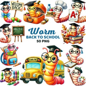 Könnte beinhalten: Eine farbenfrohe Illustration mit Cartoon-Würmern in verschiedenen schulbezogenen Szenarien. Das Bild zeigt Würmer mit Abschlusskappen, die Schulmaterialien halten und mit einem Schulbus interagieren. Der Text lautet "Worm Back to School 50 PNG".