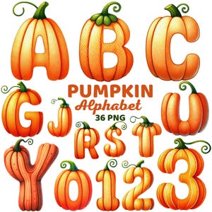Pumpkin Alphabet, Watercolor Fall Pumpkins Numbers, Harvest Autumn Letters, Thanksgiving Halloween Nursery Kids Png