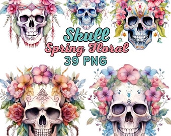 Acuarela Boho Skull Spring Florals Clipart, Sublimación del día de verano de la flor del cráneo, Paquete de cráneo de rosa floral colorido de fantasía Png