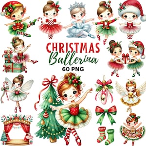 Puede incluir: Una colección de ilustraciones de bailarinas navideñas. Las imágenes presentan bailarinas con atuendos festivos, incluyendo tutús, disfraces de duendes y gorros de Papá Noel. También está presente el texto "Christmas Ballerina 60 PNG".