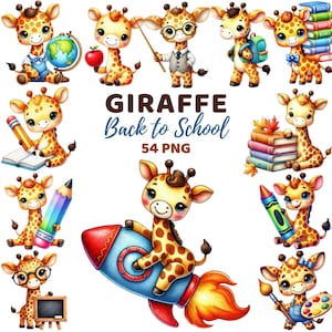 May include: A collection of cartoon giraffe illustrations with a "Back to School" theme. The giraffes are depicted with school supplies like pencils, books, and backpacks. The image includes the text "GIRAFFE Back to School 54 PNG".