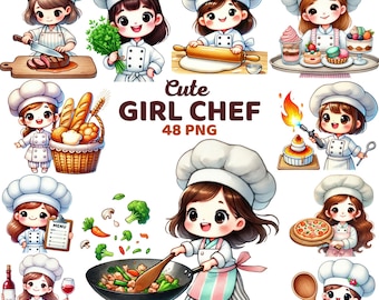 Cute Girl Chef Clipart, Watercolor Kids Kitchen, Cooking, Baking Nursery Decor, Party Restaurant Theme, Culinary Professional Chef Kid Png
