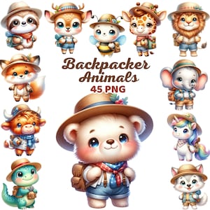 May include: A collection of 12 adorable cartoon animals wearing backpacks. Each animal is wearing a different colored backpack and has a different expression on their face. The animals include a fox, a deer, a bear, a giraffe, a unicorn, a lion, a bee, a frog, a husky, an elephant, a cow, and a sloth. The text "Backpacker Animals 45 PNG" is written in a whimsical font at the top of the image.