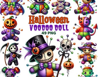 Halloween Voodoo Doll Clipart, Watercolor Spooky Doll, Gothic Halloween Decor, Witchy, Cute Creepy Plushies, Spooky Cute Halloween Png