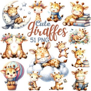 Watercolor Cute Giraffes Clipart, Giraffe Sleeping on Cloud Nursery, Giraffe Lover Girl Boy Birthday Jungle Animals Baby Shower Bundlle Png