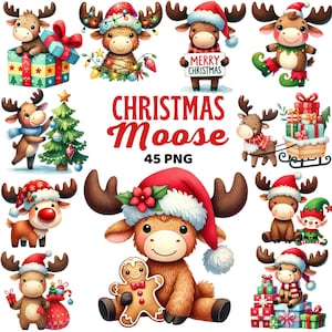 Christmas Moose Clipart, Watercolor Cute Holiday Moose, Holiday Nursery Decor, Festive Winter Animal, Santa Hat, Xmas Moose Png