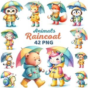 Adorable Animal with Raincoats Clipart, Watercolor Cute Animals with Umbrella Nursery, Rainy Day Safari Woodland in Raincoat Kids Bundle Png