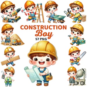 Construction Boy Clipart, Watercolor Cute Builder Characters Nursery, Construction Worker,  Boy Kids DIY Birthday Theme Bundle Png