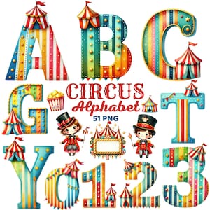 Circo Alfabeto Clipart, Aquarela Colorido Carnaval Letras & Números, Grande Topo Sublimação, Festival, Parque De Diversões Vintage Circo Png