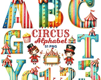 Alfabeto de circo Clipart, Letras y números de carnaval coloridos en acuarela, Sublimación de carpa, Festival, Feria de atracciones Circo vintage Png