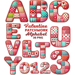 Pode incluir: Um conjunto de letras e números de patchwork em vermelho, rosa e branco, com desenhos de corações e bolinhas. O texto "Valentine Patchwork Alphabet" é exibido acima das letras e números.