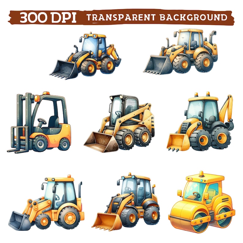 May include: Set of ten cartoon illustrations of yellow construction vehicles, including a forklift, a bulldozer, a backhoe, a skid steer, and a road roller. The vehicles are isolated on a white background.