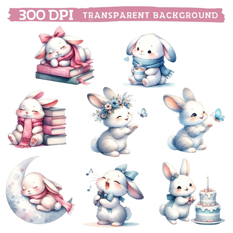May include: Set of eight digital illustrations featuring cute white bunnies with various accessories and poses. The bunnies are depicted with pink and blue bows, scarves, flowers, and a butterfly. One bunny is holding a cup of coffee, another is sleeping on a crescent moon, and another is singing with a microphone.