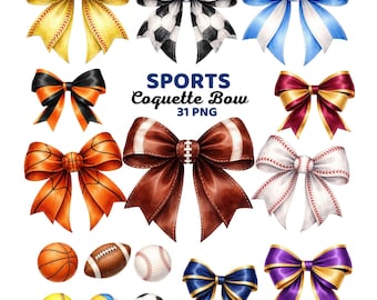 Sports Coquette Bow Clipart, Baseball Soccer Football Basketball Bows, Girly Sport Cheer School PNG