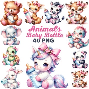 Cute Baby Animals with Baby Bottle Clipart, Watercolor Pink Baby Animal Nursery, Birthday Bear Elephant Safari Jungle Baby Shower Png