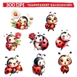 Watercolor Cute Ladybug Clipart, Spring Summer Bug Nursery Sublimation, Kawaii Ladybugs Lover Birthday Baby Shower Bundle Png image 6