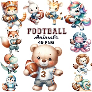 Imágenes prediseñadas de animales de fútbol americano, vivero deportivo de dibujos animados lindo acuarela, paquete de cumpleaños de oso de animales del bosque de fútbol atlético png