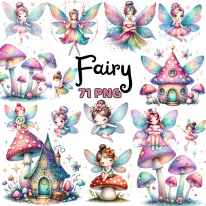 Watercolor Cute Fairy Clipart, Magical Fairy Garden House Flowers Nursery Decor, Enchanted Mushroom Forest Fairies Bundle Png