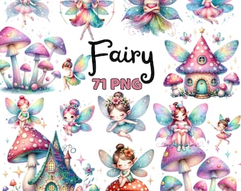 Watercolor Cute Fairy Clipart, Magical Fairy Garden House Flowers Nursery Decor, Enchanted Mushroom Forest Fairies Bundle Png