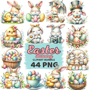 Aquarel schattige paashaas clipart, kip, paasei, paasmandje, kuiken, decor kinderkamer, vrolijk paasbundel, paasdecor clipart