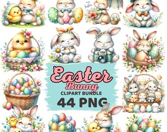 Watercolor Cute Easter Bunny Clipart, Chicken, Easter Egg, Easter Basket, Chick, Nursery Decor, Happy Easter Bundle, Easter Decor Clipart