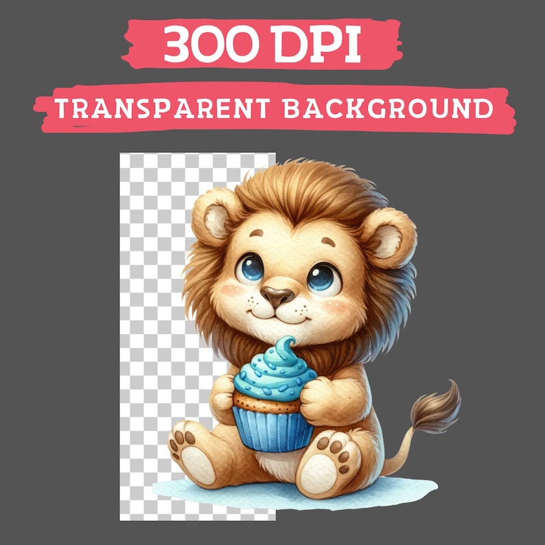 May include: A cartoon lion cub with a fluffy mane is sitting and holding a blue and white cupcake with blue frosting.