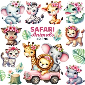 Animaux de safari mignons avec des cliparts floraux, aquarelle pour chambre de bébé, animal de la jungle florale, amoureux des éléphants et des Lions, anniversaire baby shower png