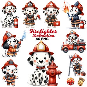 Firefighter Dalmatian Clipart, Watercolor Adorable Puppy Nursery, Emergency Services, Cute Dog Fire Department Birthday Party Kids Boy Png