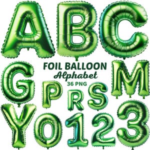 Ballon alphabet vert métallisé, lettres et chiffres métalliques verts, célébration, décoration de fête d&#39;anniversaire, ballon lettres png