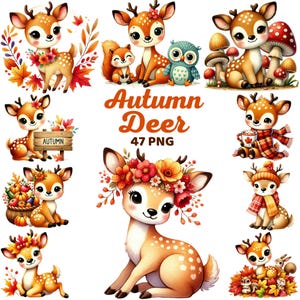 May include: A set of 47 digital illustrations of cute cartoon deer in autumnal colors. The deer are wearing flowers, scarves, and hats. Some are holding acorns, coffee cups, and other autumnal objects. The illustrations are perfect for creating fall-themed crafts, cards, and other projects.