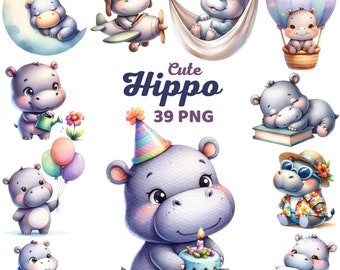 Clipart di ippopotamo carino, arredamento dell'asilo nido di ippopotamo acquerello, compleanno di Safari, fauna africana, adorabile ippopotamo Baby Shower Bundle Png