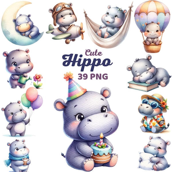 Clipart hippopotame mignon, décoration de chambre d'enfant aquarelle hippopotame, anniversaire Safari, faune africaine, adorable hippopotame baby shower Bundle Png