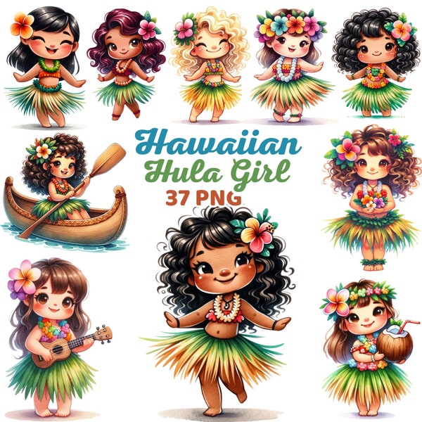 Cute Hawaiian Hula Girl Clipart, Watercolor Tropical Beach Summer, Luau Party, Hula Dance Girl, Hawaii Characters, Tribal Girls Bundle Png