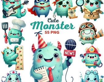 Cute Monster Clipart, Watercolor Monsters Nursery, Fantasy Creatures, Children Spooky, Funny Monster, Kids Birthday Party Png