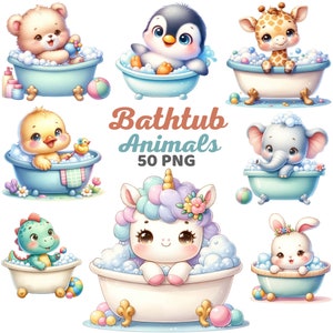 May include: A set of 10 adorable cartoon animals taking a bath in tubs. The animals include a bear, penguin, giraffe, duck, elephant, unicorn, dragon, and rabbit. Each animal is in a bathtub with bubbles and a colorful background.