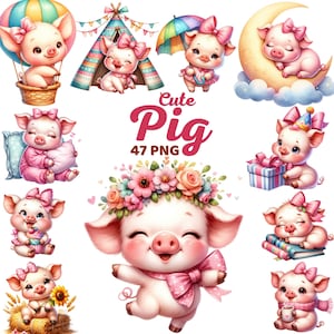 Lindo cerdo clipart, vivero de cerdo bebé acuarela, sueño de cerdo en la luna, cerdo con arco, animales de granja, fiesta de cumpleaños de los niños baby shower png