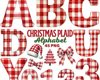 Christmas Plaid Alphabet Clipart, Red Festive Letters & Numbers, Cozy Xmas Font Lettering, Holiday Alphabet Png