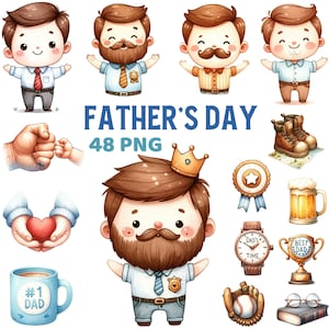 Può includere: Un set di 48 illustrazioni digitali a tema Festa del Papà. Le illustrazioni includono una varietà di immagini, come un papà con la barba, un papà con i baffi, un papà che tiene un cuore, un papà che indossa una corona, un papà che tiene una birra, un papà che indossa un orologio, un papà che tiene un trofeo, un papà che indossa gli occhiali, un papà che tiene una palla da baseball e un papà che tiene un libro. Le illustrazioni sono tutte in stile acquerello e sono perfette per creare biglietti di auguri per la Festa del Papà, inviti o altri progetti.