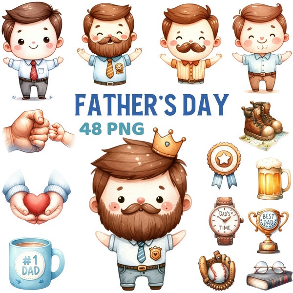 Watercolor Cute Father's day Png, Best Dad Family Nursery Decor, Fatherhood Set Clipart, Father Daddy Man Grandfather Bundle Png