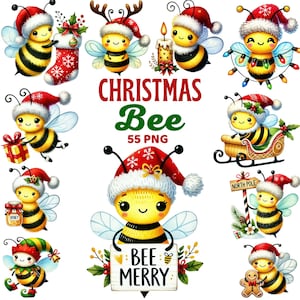 May include: A set of 55 digital clipart images featuring cute cartoon bees dressed in festive Christmas attire. The bees are wearing Santa hats, elf hats, and reindeer antlers. Some bees are holding Christmas presents, while others are riding in a sleigh. The text "Christmas Bee 55 PNG" is displayed in the center of the image.