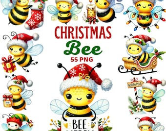 Christmas Bee Clipart, Watercolor Cute Holiday Bees, Nursery Decor, Winter Xmas insect, Santa Hat, Holiday Honey, Festive Bee Png